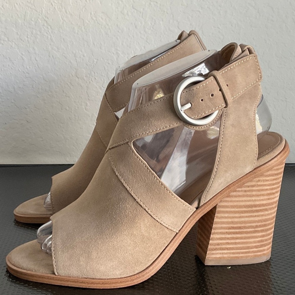 Marc Fisher LTD Tim Beige Tan Suede Open Toe Buckle Block Heel Booties 7.5M - Picture 7 of 12